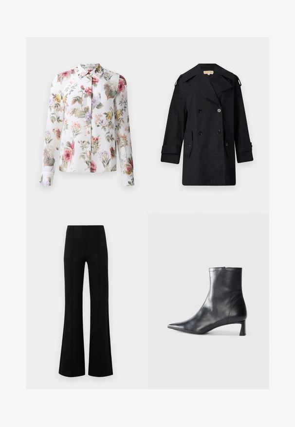 Fekete dupla gombos trench kabát széles gallérral, gombokkal és oldalsó zsebekkel. Simább anyagból készült, egyenes szabású és felhajtott ujjú.; Virágos blúz hosszú ujjal, gombos elülső részel és fehér háttérrel. Rózsaszín, lila és sárga virágokkal, könnyű anyagon.; Fekete, flared nadrág magas derékkal, rugalmas anyagból készült. Elölnézetén függőleges varrásokkal rendelkezik, sima textúrával.; Fekete bőr bokacsizma hegyes orral és letisztult dizájnnal. Alacsony sarka és hátsó cipzáras záródása van. Simának tűnő textúra.