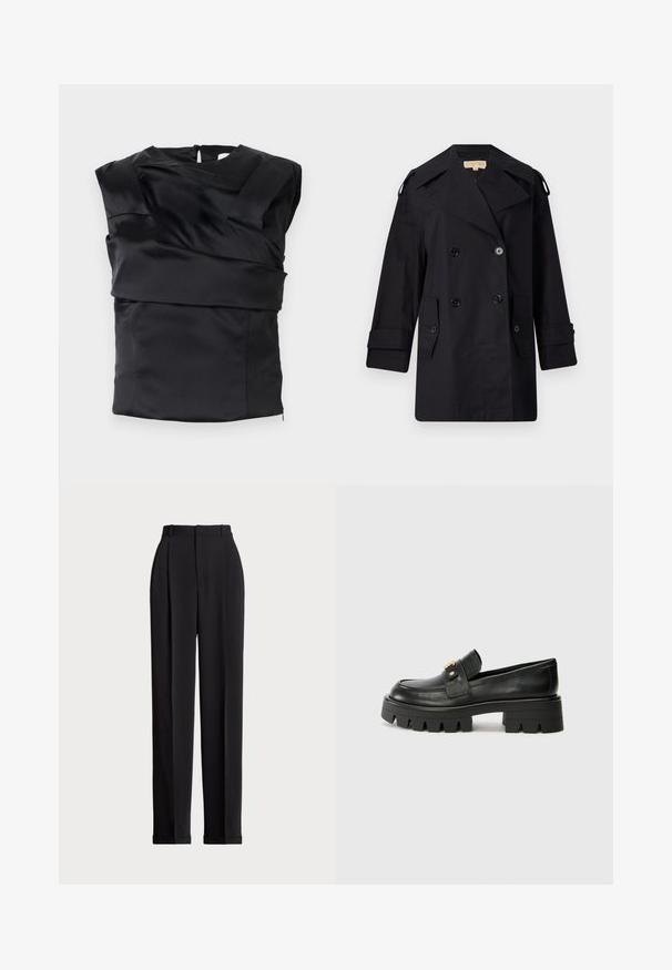 Abrigo de trinchera negro de doble botonadura con un amplio cuello, botones y bolsillos laterales. Fabricado en una tela suave con un corte recto y mangas con puños.; Top de satén negro con un diseño estructurado, hombros anchos y un panel frontal asimétrico, cerrado con una cremallera en la parte posterior.; Pantalones negros a medida con una cintura alta, que cuentan con pliegues en la parte delantera, un diseño de pierna recta y dobladillo con vuelta. Fabricados con un tejido suave.; Mocasines de cuero negro con una suela gruesa, que presentan un acento en tono dorado en la parte delantera y un acabado suave. Diseño de suela con dibujo grueso.