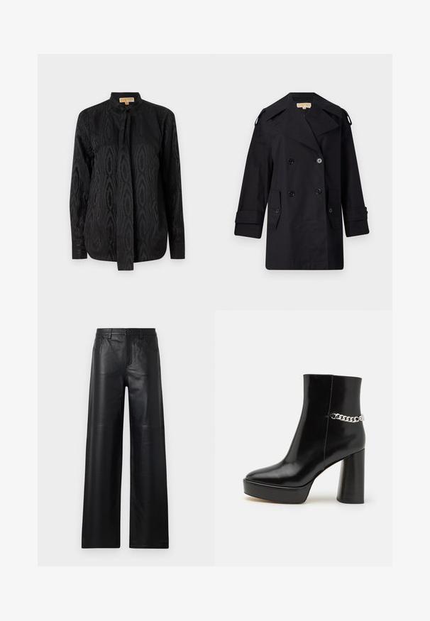 Sort dobbeltradet trenchcoat med bred krave, knapper og sidetaske. Lavet af et glat stof med lige snit og manchetter.; Sort bluse lavet af glat stof, med et subtilt tonalt mønster, lange ærmer, en opretstående krave og en sløjfe lukning ved halsen.; Bredde ben sorte læderbukser med en glat tekstur, der har frontlommer, knaplukning og subtile syninger.; Sorte lakerede ankelstøvler med en kraftig platform og høj blokhæl. Har en sølv kædeaccent på siden. Glat tekstur.