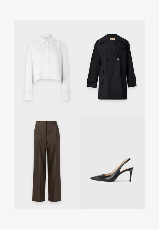 Zwarte dubbelzijdige trenchcoat met een brede kraag, knopen en zijzakken. Gemaakt van een gladde stof met een rechte snit en opgerolde mouwen.; Witte cropped shirt met lange mouwen, knoopsluiting aan de voorkant en klassieke kraag. Glad stof met gestructureerde manchetten en minimalistisch ontwerp.; Bruine wijde broek met een gladde textuur, voorzien van een hoge taille, plooien aan de voorkant en een tailored ontwerp. Geen zichtbare zakken of versieringen.; Zwarte leren slingback-hakken met een spitse neus, verstelbare band en een elegante stiletto-hak, met een gladde afwerking.