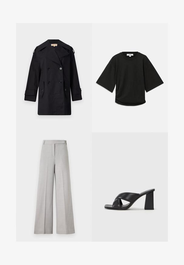 Cappotto trench nero doppiopetto con ampio colletto, bottoni e tasche laterali. Realizzato in un tessuto liscio con taglio dritto e maniche a sbuffo.; T-shirt nera a maniche corte realizzata in morbido cotone, con scollo rotondo e vestibilità comoda, caratterizzata da un sottile dettaglio arricciato sul lato.; Pantaloni a gamba larga grigi chiari con una texture liscia, dotati di una vita su misura e piega frontale per un aspetto elegante.; MAX&Co. SOHO - Sandali con tacco - schwarz