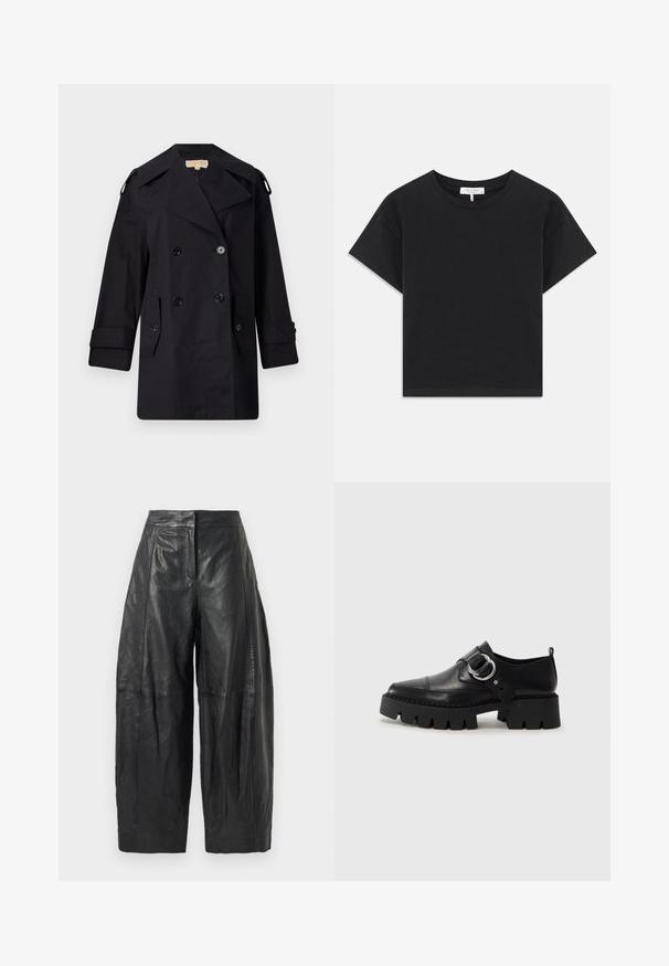 Črn dvojnikičasti plašč s širokim ovratnikom, gumbi in stranskimi žepi. Narejen iz gladkega materiala, z ravnim krojem in manšetami.; Črni skrajšan majica iz bombaža, z okroglim izrezom, kratkimi rokavi in preprostim dizajnom brez vzorcev ali okrasnih elementov.; Črne usnjene široke hlače z visokim pasom, ki se ponašajo z diskretnimi šivi in gladko teksturo. Skrčen dolžina do sredine meč.; Črne usnjene čevlje z debelim, rebrastim podplatom, ki imajo okroglo srebrno kovinsko dodatno opremo in minimalne šive.