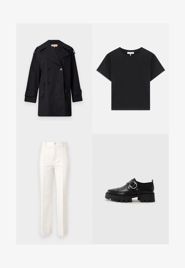 Fekete dupla gombos trench kabát széles gallérral, gombokkal és oldalsó zsebekkel. Simább anyagból készült, egyenes szabású és felhajtott ujjú.; Fekete cropped póló, pamutból készült, kerek nyakú, rövid ujjú, egyszerű dizájnnal, minta vagy díszítés nélkül.; Fehér egyenes szárú nadrág pamut keverékből, sima textúrával, két elülső redővel és egy gombos derékpánttal.; Fekete bőr cipők tömzsi, bordázott talppal, kerek ezüst hardware díszítéssel és minimális varrási részletekkel.