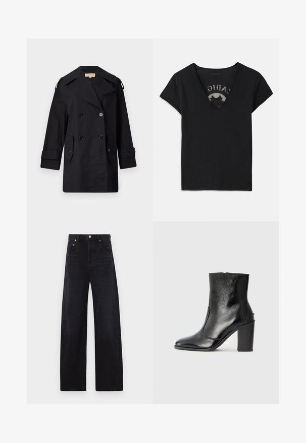 Crni dvostruko duguljasti kaput s širokim ovratom, kopčama i bočnim džepovima. Izrađen je od glatkog materijala s ravnim krojem i rukavima s manžetama.; Crna majica s kratkim rukavima i dubokim V izrezom, koja ima mrežastu umetku i tiskani dizajn na unutarnjem sloju. Mekana, prozračna tkanina.; Crne široke traperice od denima, s visokim strukom, pet džepova i vidljivim srebrnim detaljima.; Crna kožna čizma do gležnjeva s glatkom teksturom, špicastim vrhom i debelim visokim potpeticama. Ima bočni otvor i minimalistički dizajn.