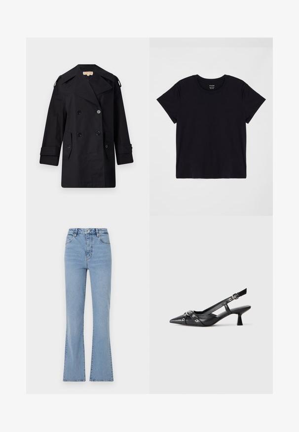 Crni dvostruko duguljasti kaput s širokim ovratom, kopčama i bočnim džepovima. Izrađen je od glatkog materijala s ravnim krojem i rukavima s manžetama.; Crna majica s kratkim rukavima izrađena od mekog pamuka. Klasičan dizajn s okruglim izrezom, s jednostavnom, neukrašenom površinom i opuštenim krojem.; Svijetloplave raširene traperice viskog struka, izrađene od denima. Imaju prednje dugme i zatvaranje na munju, te vidljivo šivanje duž šavova.; Crne kožne cipele s remenom oko pete, s izduženim vrhom, dekorativnim trakama s metalnim rupama i niskom blok petom. Teksturirana površina.