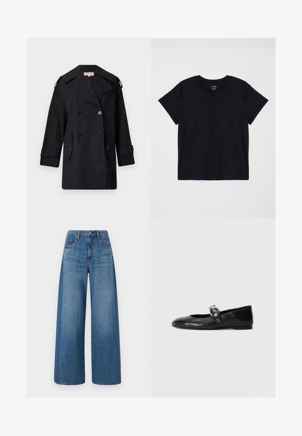 Melnā divrindas trencote ar platu apkakli, pogām un sānu kabatām. Izgatavots no gludas auduma ar taisnu piegriezumu un aproču piedurknēm.; Melns īsais krekliņš ar īsām piedurknēm, kas izgatavots no mīkstas kokvilnas. Klasisks apaļas kakla dizains ar vienkāršu, neizpušķotu virsmu un brīvu piegriezumu.; Plati kājās zili džinsi ar vidēju mazgāšanu, ar augstu jostasvietu, piecām kabatām un vieglu nodiluma efektu. Izgatavoti no zemas kvalitātes denim džinsa ar gludu tekstūru.; Melnas ādas baleta kurpes ar smailu purngalu, ar siksniņu ar apaļu metāla sprādzi un platu zoli.