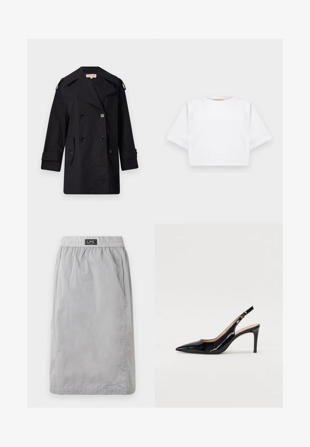 Čierny dvojradový trenčkot s širokým golierom, gombíkmi a bočnými vreckami. Vyrobený z hladkej látky s rovným strihom a manžetami.; Strihnuté biele tričko vyrobené z mäkkej látky, s krátkymi rukávmi, okrúhlym výstrihom a rebrovanými detailmi na lemovaní. Jednoduchý a nezdobený dizajn.; Sivá sukňa po kolená vyrobená z ľahkého materiálu, so elastickým pásom a bočnými vreckami. Na páse je označenie značky "LPS".; Čierne lakované kožené slingback lodičky s špicatou špičkou, štíhlým podpätkom a jemným výrezom. Obsahuje zlatú pracku na remienku.