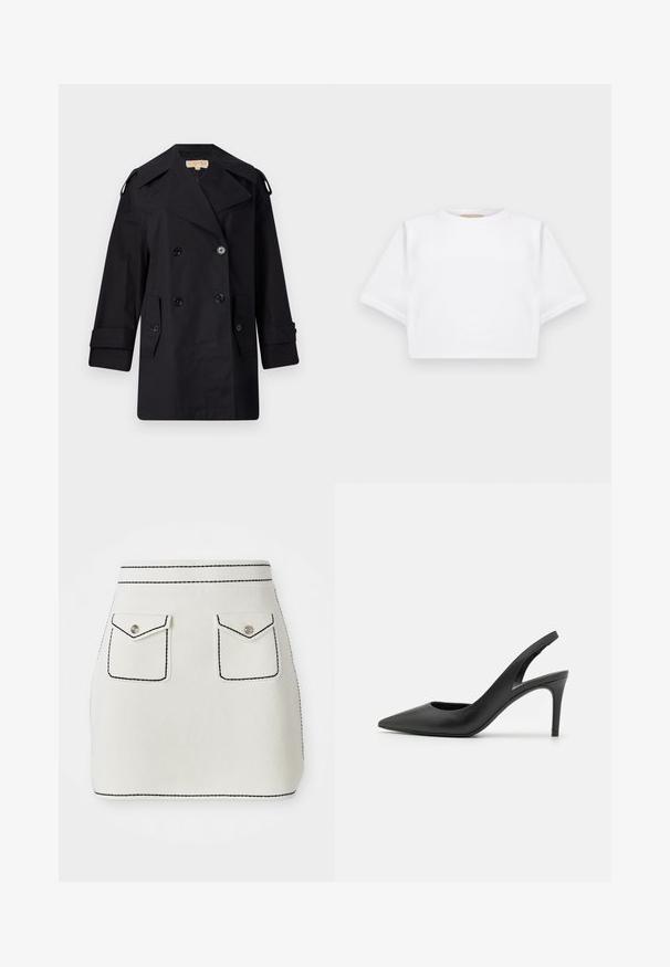 Manteau trench noir à double boutonnage avec un large col, des boutons et des poches latérales. Fabriqué en tissu lisse avec une coupe droite et des manches retroussées.; T-shirt blanc court en tissu doux, avec des manches courtes, un col rond et des détails en côtes sur l'ourlet. Design simple et sans embellissement.; Mini-jupe en tissu blanc avec des coutures noires, dotée de deux poches avant avec des rabats et des accents de boutons en argent. Texture lisse avec une forme structurée.; Escarpins à talon aiguille en cuir noir, avec un design à bout pointu, présentant une découpure à l'avant et un talon fin.
