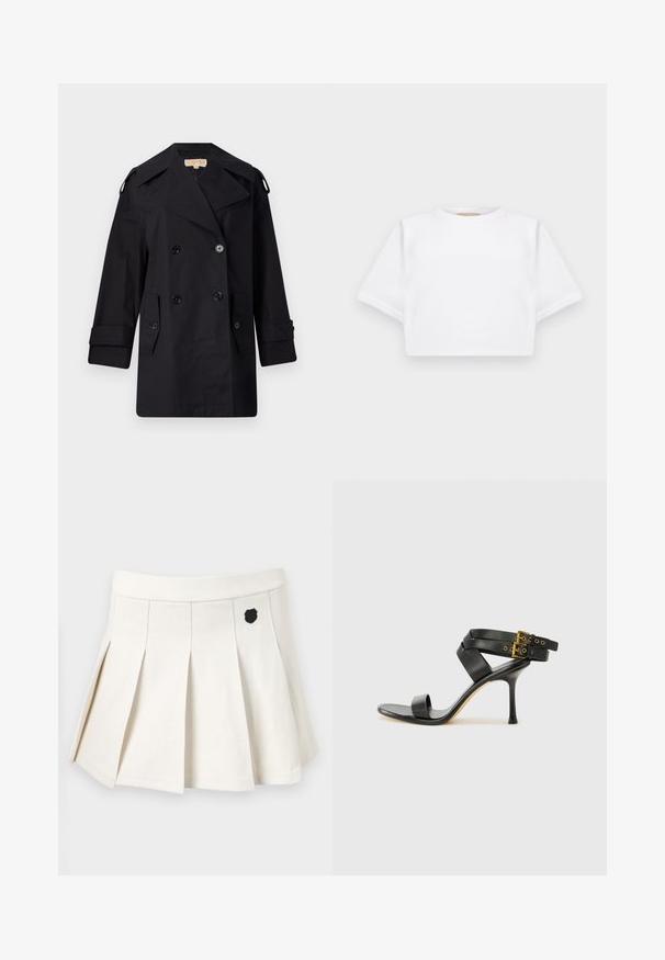 Manteau trench noir à double boutonnage avec un large col, des boutons et des poches latérales. Fabriqué en tissu lisse avec une coupe droite et des manches retroussées.; T-shirt blanc court en tissu doux, avec des manches courtes, un col rond et des détails en côtes sur l'ourlet. Design simple et sans embellissement.; Jupe plissée blanche en tissu mélangé coton, avec un emblème noir à l'avant et une taille élastique pour un ajustement confortable.; Sandale à talons noirs avec des straps croisés et une boucle ajustable. Elle présente une texture lisse et un talon aiguille effilé.
