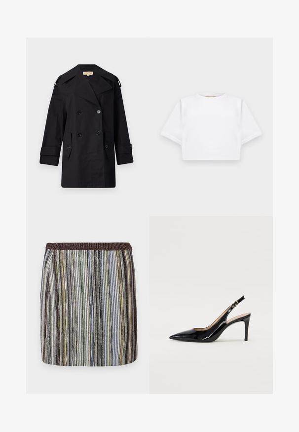 Cappotto trench nero doppiopetto con ampio colletto, bottoni e tasche laterali. Realizzato in un tessuto liscio con taglio dritto e maniche a sbuffo.; T-shirt bianca cropped realizzata in tessuto morbido, con maniche corte, scollo rotondo e dettagli a costine sull'orlo. Design semplice e senza fronzoli.; Gonna corta aderente con strisce verticali multicolori in tonalità di verde, nero e marrone, dotata di una cintura elastica testurizzata.; Pumps slingback in pelle verniciata nera con punta affilata, tacco sottile e un design con ritagli delicati. Caratterizzate da una fibbia dorata sul cinturino.