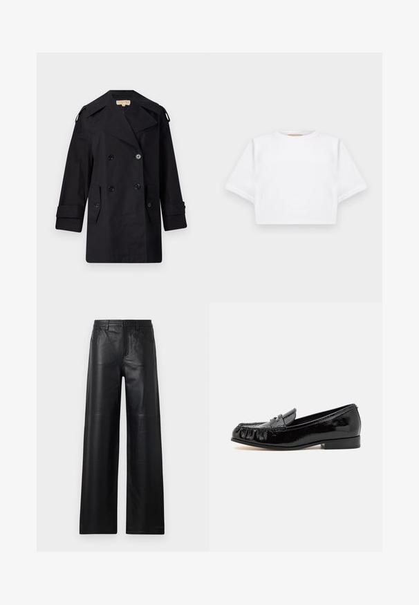 Black double-breasted trench coat with a wide collar, buttons, and side pockets. Made from a smooth fabric with a straight cut and cuffed sleeves.; Cropped white t-shirt made of soft fabric, featuring short sleeves, a round neckline, and ribbed hem details. Simple and unembellished design.; Wide-leg black leather pants with a smooth texture, featuring front pockets, a button closure, and subtle stitching details.; Black patent leather loafers with a rounded toe, fringe detail, and a low block heel. The surface has a glossy finish.
