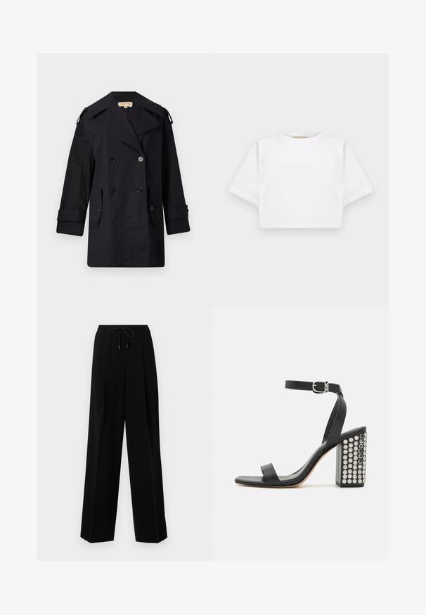 Czarny podwójnie zapinany płaszcz przeciwdeszczowy z szerokim kołnierzem, guzikami i bocznymi kieszeniami. Wykonany z gładkiego materiału, o prostym kroju i mankietach.; Skrojona biała koszulka z miękkiego materiału, z krótkimi rękawami, okrągłym dekoltem i żebrowanymi detalami u dołu. Prosty i nieozdobiony design.; Czarne spodnie o luźnym kroju, z plisowanym przodem, elastycznym pasem i sznurkiem. Materiał wydaje się gładki z delikatnym połyskiem.; Czarne skórzane sandały na obcasie z paskiem na kostkę. Charakteryzują się kwadratowym noskiem, gładką teksturą oraz kwadratowym słupkiem ozdobionym srebrnymi ćwiekami.