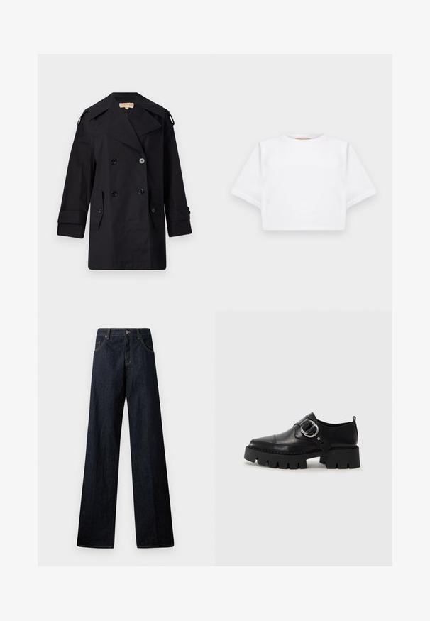 Schwarzer doppelter Trenchcoat mit breitem Kragen, Knöpfen und Seitentaschen. Hergestellt aus einem glatten Stoff mit geradem Schnitt und umgeschlagenen Ärmeln.; Beschnittenes weißes T-Shirt aus weichem Stoff, mit kurzen Ärmeln, rundem Halsausschnitt und gerippten Saumdetails. Einfaches und schnörkelloses Design.; Weite, dunkelblaue Jeans mit Knopfverschluss, Fronttaschen, kontrastierenden Nähten und einer sauberen, glatten Textur.; Schwarze Leder Schuhe mit einer dicken, gerippten Sohle, die mit einer runden silbernen Hardware-Akzent und minimalen Stickdetails ausgestattet sind.