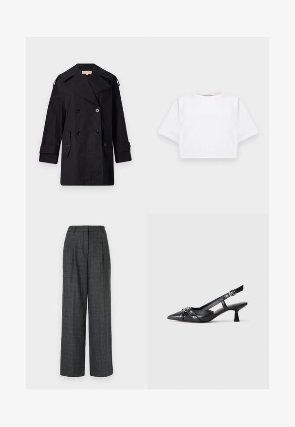 Melnā divrindas trencote ar platu apkakli, pogām un sānu kabatām. Izgatavots no gludas auduma ar taisnu piegriezumu un aproču piedurknēm.; Izgriezta balta T-krekla no mīksta auduma, ar īsām piedurknēm, apaļu apkakli un ribota apakšmala. Vienkāršs un neizpušķots dizains.; Pelēki plati bikses ar teksturētu audumu, ar priekšējām krokām, augstu jostu un piegriezumu, kas nodrošina strukturētu izskatu.; Melnas ādas šlipsveida kurpes ar norādītu purngalu, dekoratīvām joslām ar metāla acīm un zemu bloku papēdi. Teksturēta virsma.