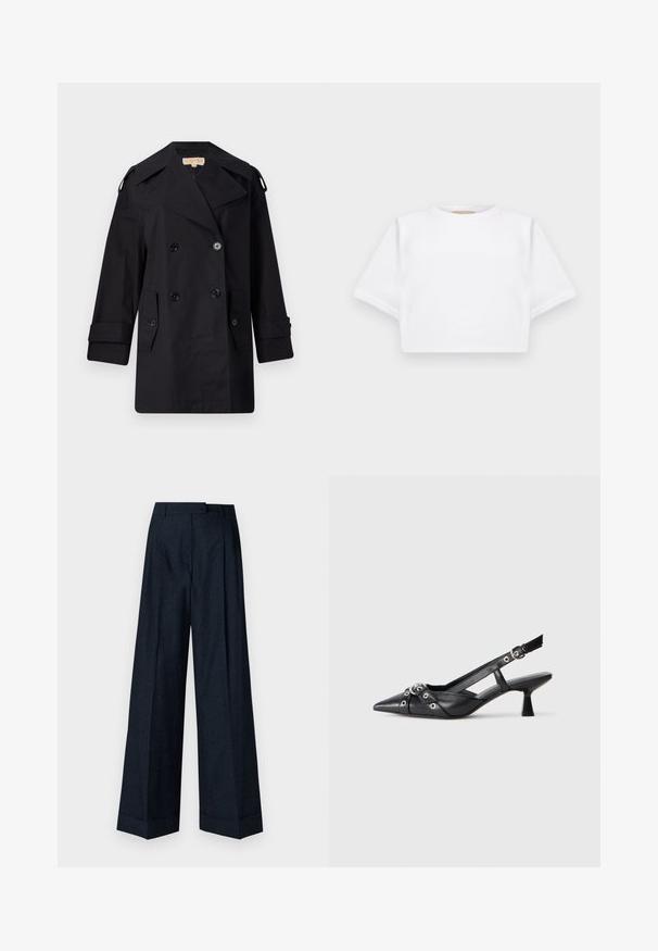 Schwarzer doppelter Trenchcoat mit breitem Kragen, Knöpfen und Seitentaschen. Hergestellt aus einem glatten Stoff mit geradem Schnitt und umgeschlagenen Ärmeln.; Beschnittenes weißes T-Shirt aus weichem Stoff, mit kurzen Ärmeln, rundem Halsausschnitt und gerippten Saumdetails. Einfaches und schnörkelloses Design.; Weite Hose in dunklem Marineblau mit einem dezenten strukturierten Blumenmuster, tailliertem Bund und scharfen Säumen am Beinabschluß.; Schwarzer Leder-Slingback-Schuh mit spitz zulaufender Zehenpartie, dekorativen Riemen mit METALLÖSEN und niedrigem Blockabsatz. Strukturelle Oberfläche.