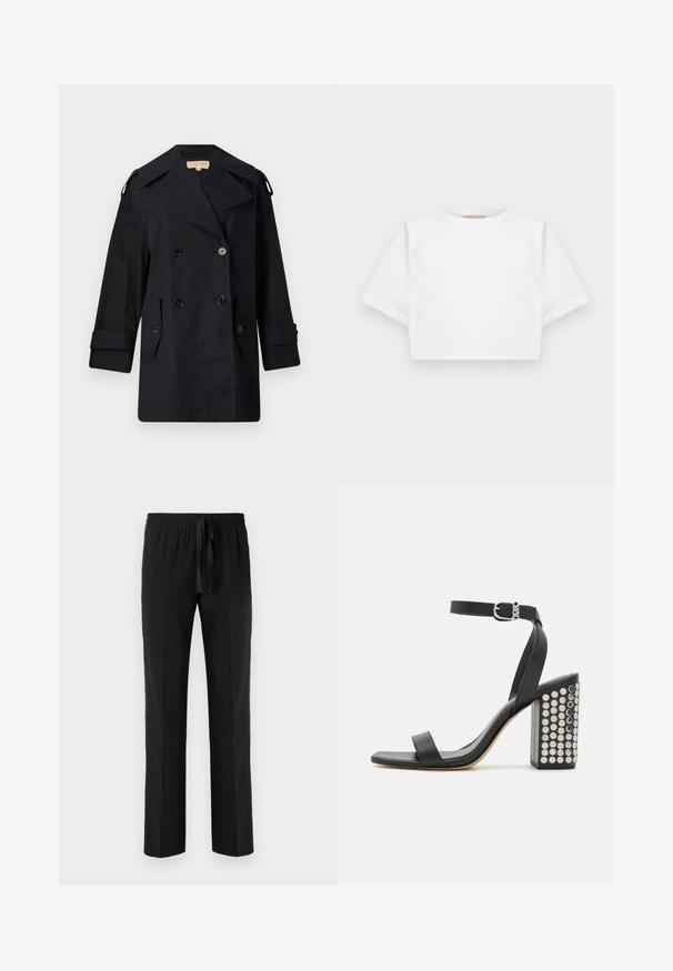 Cămașă neagră, cu dublu rând de nasturi, trenci cu guler larg, nasturi și buzunare laterale. Fabricată dintr-un material neted, cu o croială dreaptă și mâneci cu mansete.; Tricou alb scurt dintr-un material moale, cu mâneci scurte, decolteu rotund și detalii ribbrate la margine. Design simplu și fără embellishments.; Pantaloni negri cu talie elastică și șnur ajustabil, având un design cu picior drept și textură fină. Fără modele sau accente.; Sandale cu toc din piele neagră, cu o curea la gleznă. Au vârf pătrat, textură netedă și toc pătrat bloc decorat cu capse argintii.