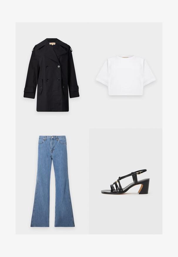 Schwarzer doppelter Trenchcoat mit breitem Kragen, Knöpfen und Seitentaschen. Hergestellt aus einem glatten Stoff mit geradem Schnitt und umgeschlagenen Ärmeln.; Beschnittenes weißes T-Shirt aus weichem Stoff, mit kurzen Ärmeln, rundem Halsausschnitt und gerippten Saumdetails. Einfaches und schnörkelloses Design.; Hellblaue, ausgestellt geschnittene Jeans mit hoher Taille, die ein klassisches Fünf-Taschen-Design und Kontrastnähte entlang der Nähte aufweisen.; Paul Smith AMIRA - Pumps - black