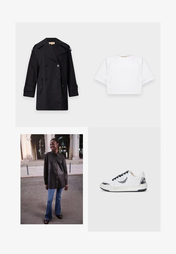 Čierny dvojradový trenčkot s širokým golierom, gombíkmi a bočnými vreckami. Vyrobený z hladkej látky s rovným strihom a manžetami.; Strihnuté biele tričko vyrobené z mäkkej látky, s krátkymi rukávmi, okrúhlym výstrihom a rebrovanými detailmi na lemovaní. Jednoduchý a nezdobený dizajn.; Čierna kožená košeľa s gombíkovým zapínaním, s golierom a prednou vreckom, skombinovaná s rozšírenými modrými džínsami a čiernymi sandálmi.; Biele tenisky s čiernymi akcentmi, s textúrovaným dizajnom na boku, čiernymi šnúrkami a gumovou podrážkou. Logo a umelecký prvok na hornej časti.