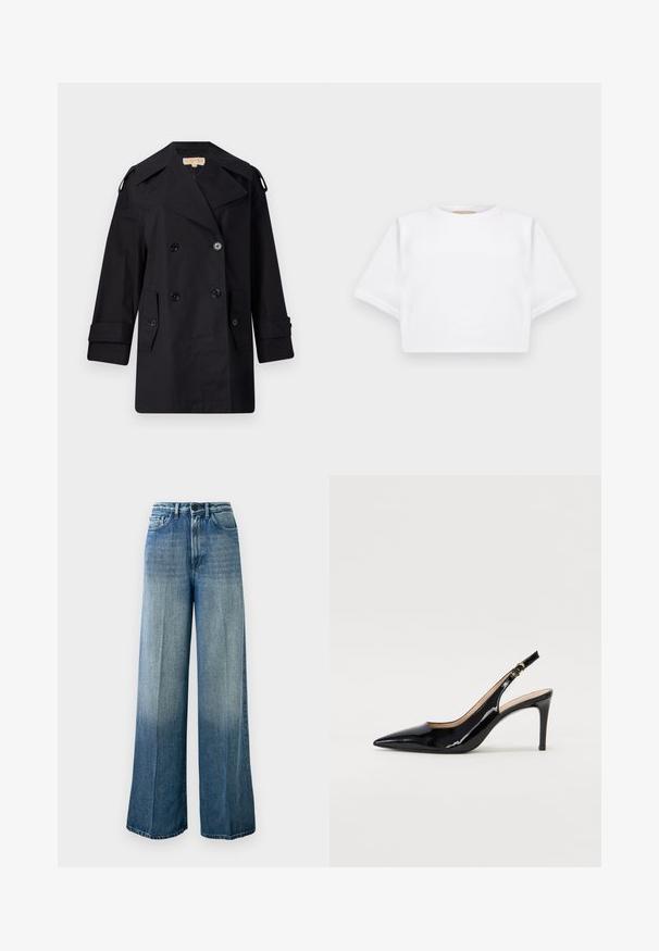 Cappotto trench nero doppiopetto con ampio colletto, bottoni e tasche laterali. Realizzato in un tessuto liscio con taglio dritto e maniche a sbuffo.; T-shirt bianca cropped realizzata in tessuto morbido, con maniche corte, scollo rotondo e dettagli a costine sull'orlo. Design semplice e senza fronzoli.; Jeans larghi di jeans blu chiaro. Caratterizzati da una vita alta, design classico a cinque tasche e una sfumatura sbiadita dal scuro al chiaro.; Pumps slingback in pelle verniciata nera con punta affilata, tacco sottile e un design con ritagli delicati. Caratterizzate da una fibbia dorata sul cinturino.