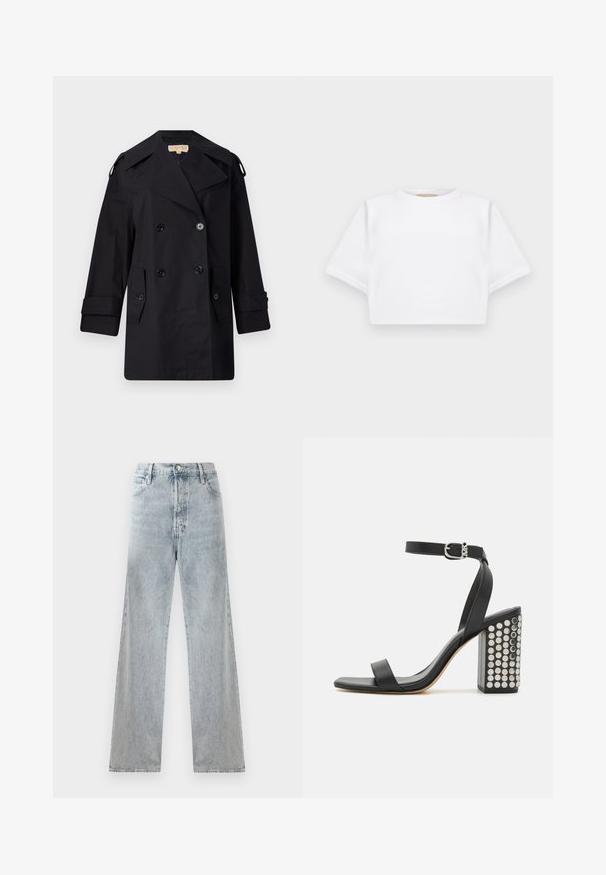 Must musta kahekordne trench coat laia kraega, nuppude ja küljetaskutega. Valmistatud siledast kangast, sirge lõike ja mansettidega varrukatega.; Lühikeste varrukatega, pehmest kangast lõigatud valge T-särk, millel on ümar kaelus ja soonikuga ääred. Lihtne ja ilma kaunistusteta disain.; Heledad sinine teksad kõrge vöökoha, laia jala silueti, traditsioonilise viie taskuga disaini ja õrnade kraapimisefektidega.; Mustad nahast kõrged sandaalid pahkluu rihmaga. Omavad ruudukujulist varbaosa, siledat tekstuuri ja ruudukujulist plokknõela, mis on kaunistatud hõbedaste nööpidega.