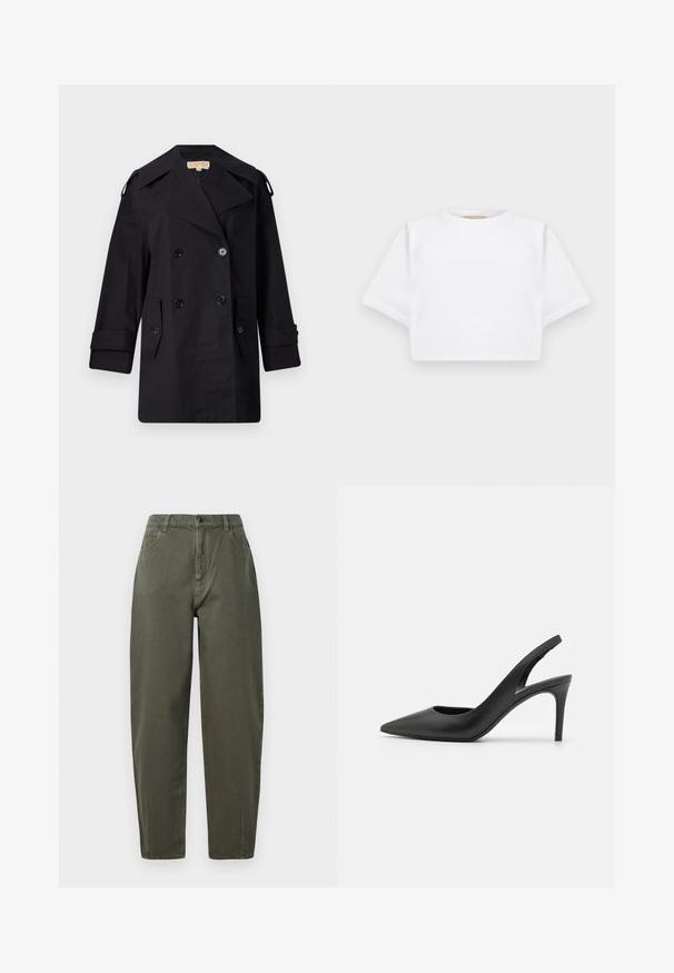 Μαύρο παλτό trench διπλής όψης με φαρδιά κολάρο, κουμπιά και πλαϊνές τσέπες. Κατασκευασμένο από λεία ύφασμα με ίσια γραμμή και μανίκια με φάσες.; Κομμένη λευκή μπλούζα φτιαγμένη από μαλακό ύφασμα, με κοντά μανικά και στρογγυλή λαιμόκοψη, καθώς και ριγωτές λεπτομέρειες στο τελείωμα. Απλός και χωρίς διακοσμήσεις σχεδιασμός.; Χακί πράσινα παντελόνια από ανθεκτικό ύφασμα, με ψηλή μέση, ίσια γραμμή, κλείσιμο με κουμπί και πλαϊνές τσέπες.; Μαύρες δερμάτινες ψηλές γόβες slingback με σχέδιο σε μυτερή μύτη, διαθέτοντας κοψίματα μπροστά και λεπτό στιλέτο τακούνι.