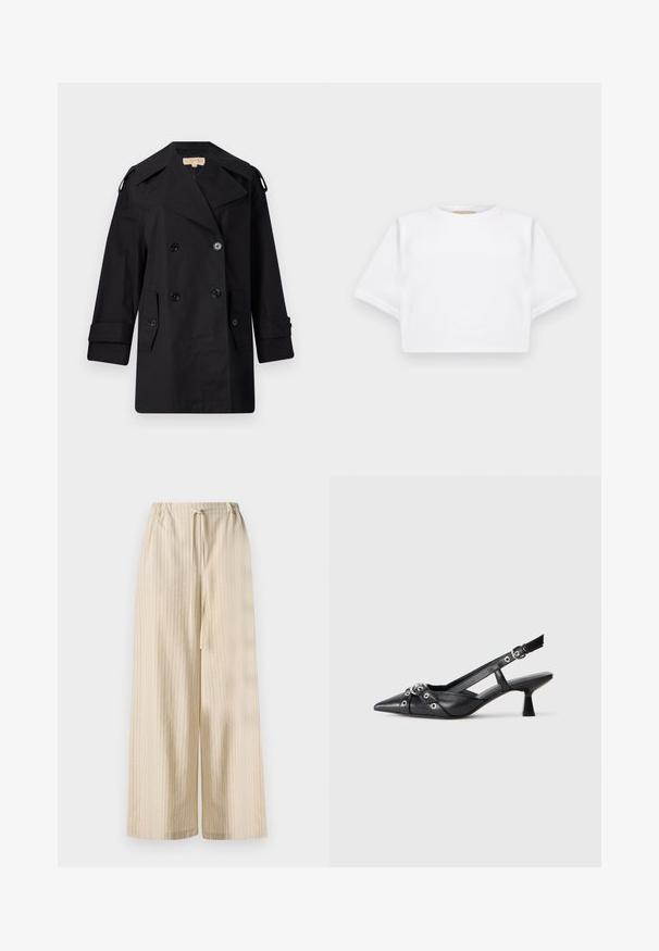 Manteau trench noir à double boutonnage avec un large col, des boutons et des poches latérales. Fabriqué en tissu lisse avec une coupe droite et des manches retroussées.; T-shirt blanc court en tissu doux, avec des manches courtes, un col rond et des détails en côtes sur l'ourlet. Design simple et sans embellissement.; Pantalons large beige clair en tissu doux, ornés de rayures verticales et d'une taille élastique avec un détail de lien à nouer.; Chaussure slingback en cuir noir avec un bout pointu, des sangles décoratives avec œillets en métal et un petit talon carré. Surface texturée.