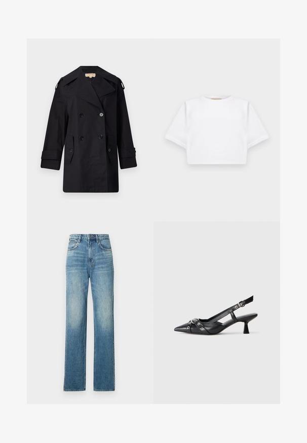 Crni dvostruko duguljasti kaput s širokim ovratom, kopčama i bočnim džepovima. Izrađen je od glatkog materijala s ravnim krojem i rukavima s manžetama.; Skraćena bijela majica od mekog materijala, s kratkim rukavima, okruglim izrezom i rebrastim detaljima na rubu. Jednostavan i neukrašen dizajn.; Svijetloplavi traper široke nogavice s izblijedjelim završetkom, s pet džepova, kopčanjem na gumb i kontrastnim šavovima.; Crne kožne cipele s remenom oko pete, s izduženim vrhom, dekorativnim trakama s metalnim rupama i niskom blok petom. Teksturirana površina.