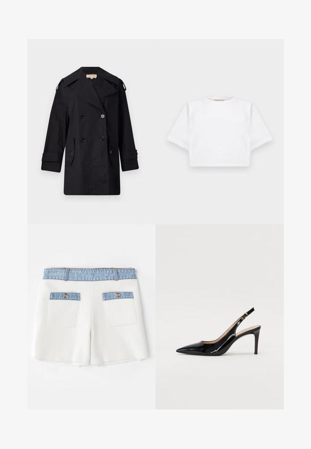 Schwarzer doppelter Trenchcoat mit breitem Kragen, Knöpfen und Seitentaschen. Hergestellt aus einem glatten Stoff mit geradem Schnitt und umgeschlagenen Ärmeln.; Beschnittenes weißes T-Shirt aus weichem Stoff, mit kurzen Ärmeln, rundem Halsausschnitt und gerippten Saumdetails. Einfaches und schnörkelloses Design.; Maje IRSALA - Shorts - ecru; Schwarz lackierte Slingback-Pumps mit spitzem Zehenbereich, schlankem Absatz und einem subtilen Ausschnittdesign. Verfügt über eine goldene Schnalle am Riemen.
