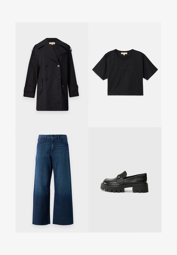 Czarny podwójnie zapinany płaszcz przeciwdeszczowy z szerokim kołnierzem, guzikami i bocznymi kieszeniami. Wykonany z gładkiego materiału, o prostym kroju i mankietach.; Czarna, skrócona koszulka z bawełny. Posiada okrągły dekolt i krótkie rękawy. "MICHAEL KORS" wyhaftowane w dopasowanym kolorze na przedniej stronie.; Jeansy z szerokimi nogawkami w ciemnoniebieskim odcieniu, z zapięciem na guzik z przodu, szlufkami na pasek oraz klasycznym pięciokomorowym wzorem na jednolitym tle.; Czarne skórzane loafersy z masywną podeszwą, z akcentem w kolorze złota z przodu i gładkim wykończeniem. Masywna podeszwa z ciekawym wzorem.
