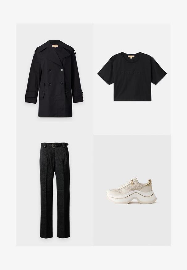 Črn dvojnikičasti plašč s širokim ovratnikom, gumbi in stranskimi žepi. Narejen iz gladkega materiala, z ravnim krojem in manšetami.; Črna skrajšana majica kratkih rokavov iz bombaža. Ima okroglo izrez in kratke rokave. Na sprednji strani je izšito ime "MICHAEL KORS" v usklajeni barvi.; Črne formalne hlače z diskretnim cvetličnim vzorcem, sprednjimi gubami, zankami za pas in dekorativnim pasom z zaponko na enotnem ozadju.; Bež in zlati platformni športni copat z vzorcem "MK", zvezanjem spredaj, zlatim obeskom in debelim valovitým podplatom na enobarvnem ozadju.