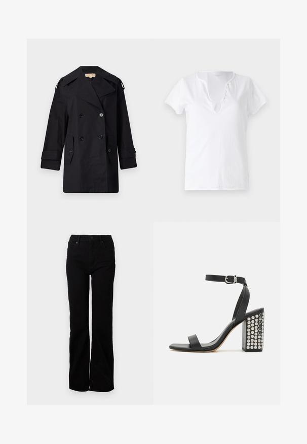 Zwarte dubbelzijdige trenchcoat met een brede kraag, knopen en zijzakken. Gemaakt van een gladde stof met een rechte snit en opgerolde mouwen.; Witte katoenen t-shirt met korte mouwen, een losse pasvorm en een V-halslijn met een patte met vijf decoratieve knopen.; Zwarte denim jeans met een rechte pijp, vijf zakken, voorknopsluiting en een subtiele textuur. Geen zichtbare patronen of accenten.; Zwarte leren haksandalen met een enkelbandje. Met een vierkante neus, een gladde textuur en een vierkante blokhak versierd met zilveren studs.