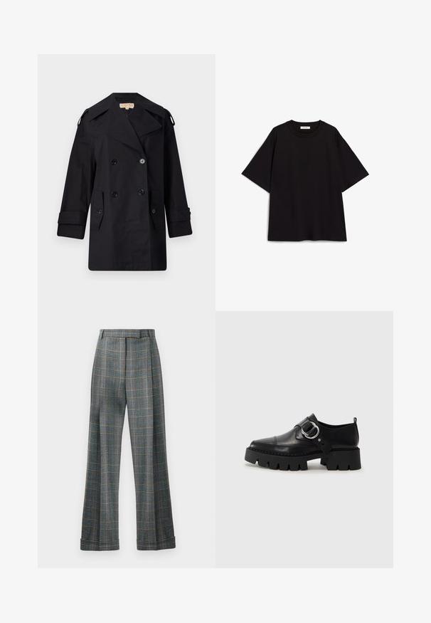 Melnā divrindas trencote ar platu apkakli, pogām un sānu kabatām. Izgatavots no gludas auduma ar taisnu piegriezumu un aproču piedurknēm.; Melnā kokvilnas T-kreklā ar brīvu piegriezumu, īsām piedurknēm, apaļu kakla izgriezumu un gludu tekstūru. Nav rakstu vai akcentu.; Četrkšņaina bikses ar zilu, pelēku un oranžu krāsu shēmu, plašām kājām un presētām krokām; izgatavotas no teksturētas auduma.; Melni ādas apavi ar masīvu, rievojumu zoli, ar apaļu sudraba aksesuāru un minimālām šuvēm.