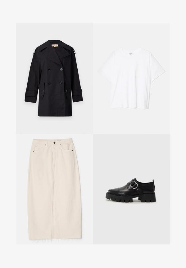 Must musta kahekordne trench coat laia kraega, nuppude ja küljetaskutega. Valmistatud siledast kangast, sirge lõike ja mansettidega varrukatega.; Valge puuvillane T-särk lühikeste varrukatega, ümmargune kaelus, mugav lõige ja õmmeldud serv. Silt nähtav kaela seest.; rag & bone AVERY SKIRT - Teksaseelik - ecru; Mustad musta naha jalanõud, millel on jäme ribaga tallad, ringikujuline hõbedane detail ja minimaalne õmblusdetail.