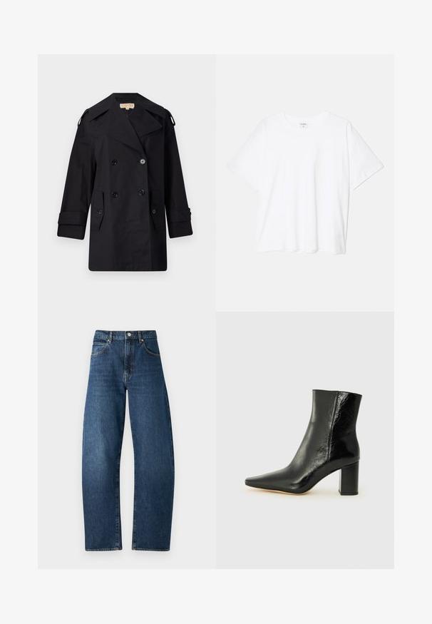 Cămașă neagră, cu dublu rând de nasturi, trenci cu guler larg, nasturi și buzunare laterale. Fabricată dintr-un material neted, cu o croială dreaptă și mâneci cu mansete.; Tricou alb din bumbac, cu mâneci scurte, guler rotund, croi lejer și tiv cusut. Eticheta este vizibilă pe interiorul gulerului.; Jeans bleu din denim cu talie înaltă, design cu picior drept, cusături vizibile, cinci buzunare și închidere cu buton. Finisaj clasic cu spălare închisă.; Botine negre din piele lucioasă, cu vârful ascuțit și un toc pătrat masiv. Au o textură netedă și un design minimalist.