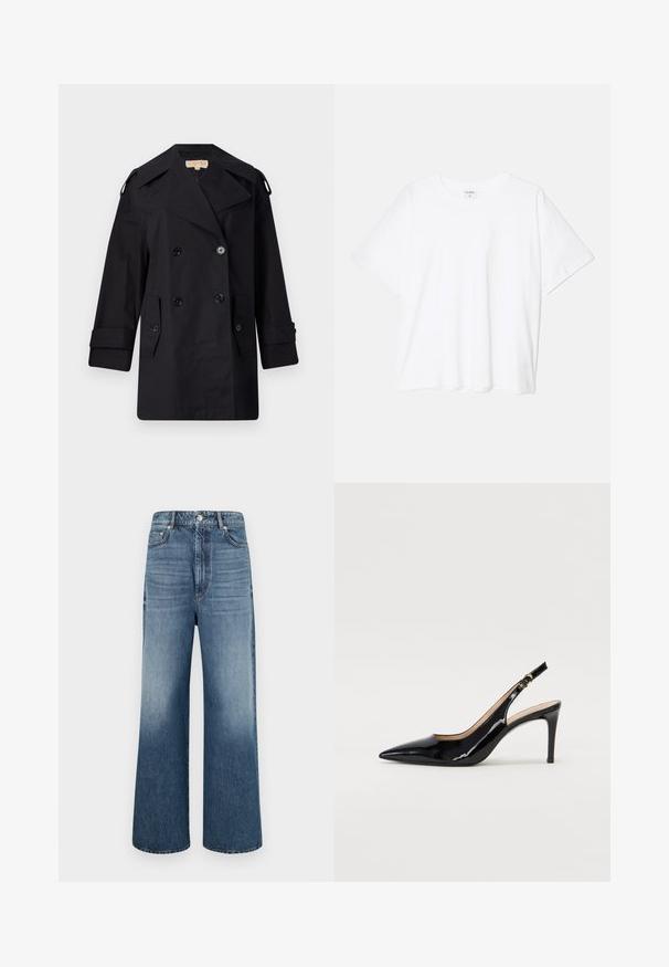 Melnā divrindas trencote ar platu apkakli, pogām un sānu kabatām. Izgatavots no gludas auduma ar taisnu piegriezumu un aproču piedurknēm.; Balta kokvilnas T-krekls ar īsām piedurknēm, apaļu dekoltē, brīva piegriezuma un šūtu apakšmalu. Etiķete redzama iekšējā kakla daļā.; Platās kājas džinsi gaiši ziliem denimi. Satur pogu aizdari, piecas kabatas un vieglu izbalējumu. Tīrs dizains ar taisnu griezumu.; Melnas lakotās ādas slingback kurpes ar izteiktu degunu, šauru papēdi un smalku izgriezumu dizainu. Siksniņai ir zelta sprādze.