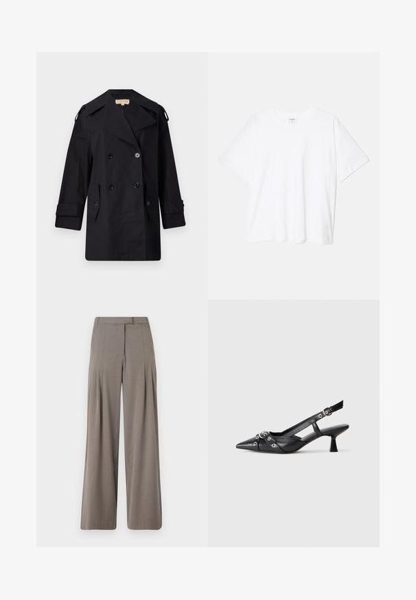 Melnā divrindas trencote ar platu apkakli, pogām un sānu kabatām. Izgatavots no gludas auduma ar taisnu piegriezumu un aproču piedurknēm.; Balta kokvilnas T-krekls ar īsām piedurknēm, apaļu dekoltē, brīva piegriezuma un šūtu apakšmalu. Etiķete redzama iekšējā kakla daļā.; Platas kājas bikses gaiši brūnā audumā, ar krokām, līdzeno priekšpusi un tīru apakšmalu. Gluda tekstūra ar subtīlu spīdumu.; Melnas ādas šlipsveida kurpes ar norādītu purngalu, dekoratīvām joslām ar metāla acīm un zemu bloku papēdi. Teksturēta virsma.