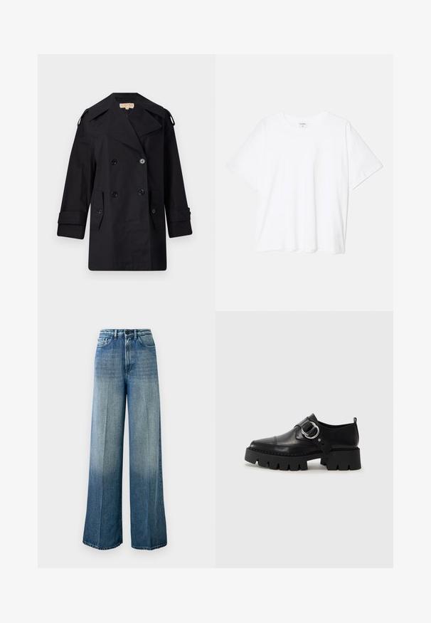 Czarny podwójnie zapinany płaszcz przeciwdeszczowy z szerokim kołnierzem, guzikami i bocznymi kieszeniami. Wykonany z gładkiego materiału, o prostym kroju i mankietach.; Biała bawełniana koszulka z krótkim rękawem, okrągłym dekoltem, luźnym krojem i przeszytym brzegiem. Metka widoczna wewnątrz dekoltu.; Jasnoniebieskie, szerokie dżinsy wykonane z denimu. Charakteryzują się wysokim stanem, klasycznym pięciokieszeniowym wzorem oraz wyblakłym gradientem przechodzącym od ciemnego do jasnego.; Czarne skórzane buty z masywną, żebrowaną podeszwą, z okrągłym akcentem ze srebrnego metalu i minimalnymi detalami szwów.