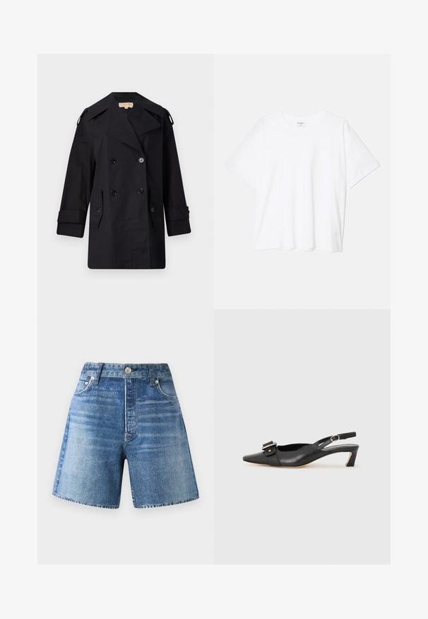 Crni dvostruko duguljasti kaput s širokim ovratom, kopčama i bočnim džepovima. Izrađen je od glatkog materijala s ravnim krojem i rukavima s manžetama.; Bijela pamučna majica s kratkim rukavima, okruglim izrezom, opuštenim krojem i šivenim rubom. Etiketa je vidljiva na unutarnjoj strani vrata.; Traper šortsevi u svijetloplavoj boji s visokim strukom, pet džepova i dugmetom, s izblijedjelom teksturom i neuređenim rubom.; Crne kožne sandale s remenčićem i šiljastim vrhom, malim potpeticama i dekorativnom kopčom na gornjem dijelu. Glatka tekstura, minimalistički dizajn.