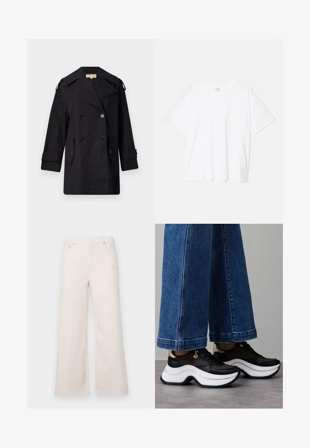 Must musta kahekordne trench coat laia kraega, nuppude ja küljetaskutega. Valmistatud siledast kangast, sirge lõike ja mansettidega varrukatega.; Valge puuvillane T-särk lühikeste varrukatega, ümmargune kaelus, mugav lõige ja õmmeldud serv. Silt nähtav kaela seest.; Laiad, heleda bežiga teksad kõrge vöökohaga, viie taskuga ja esise nööbiga sulgemisega. Sile tekstuur, minimaalsed reie õmblused.; Mustad ja kuldsed tossud kumerate valgete talladega. Tekstuurse kangaga, millel on logo aktsendid. Sobitatud laia siniste teksapükstega.