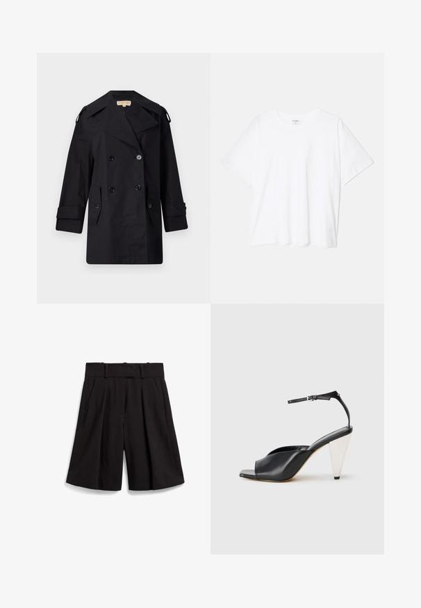 Črn dvojnikičasti plašč s širokim ovratnikom, gumbi in stranskimi žepi. Narejen iz gladkega materiala, z ravnim krojem in manšetami.; Bela bombažna majica s kratkimi rokavi, okroglim izrezom, sproščenim krojem in šivanim robom. Oznaka vidna na notranji strani izreza.; Črne oblikovane kratke hlače z širokimi nogavicami, pliseji spredaj in ravnim pasom z zankami za pas. Gladka tekstura tkanine.; Črne usnjene sandale s peto, odprto toe, asimetričnim dizajnom, zaponko okoli gležnja in kovinsko stožčasto peto. Gladka tekstura po celotni površini.