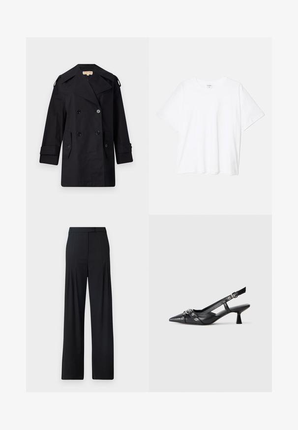 Black double-breasted trench coat with a wide collar, buttons, and side pockets. Made from a smooth fabric with a straight cut and cuffed sleeves.; White cotton t-shirt with short sleeves, round neckline, relaxed fit, and stitched hem. Label visible on the inside neck.; Black wide-leg trousers featuring a flat front, pleats, and a tailored waistband. Made from smooth, lightweight fabric.; Black leather slingback shoe with a pointed toe, decorative straps featuring metal eyelets, and a low block heel. Textured surface.