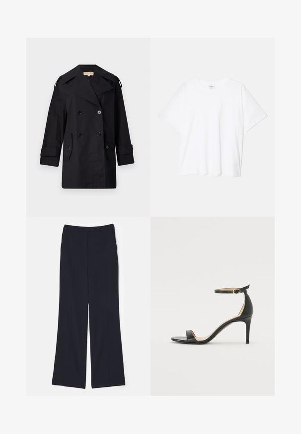 Must musta kahekordne trench coat laia kraega, nuppude ja küljetaskutega. Valmistatud siledast kangast, sirge lõike ja mansettidega varrukatega.; Valge puuvillane T-särk lühikeste varrukatega, ümmargune kaelus, mugav lõige ja õmmeldud serv. Silt nähtav kaela seest.; Tumes sinine lai jalga pükste komplekt, mis on valmistatud siledast kangast, millel on kõrge talje ja kaks eesmist voldikute rida, mis ulatuvad jalad alla.; Must musta kõrgete kontsadega sandaal, millel on pahkluule kinnituv rihm. Omab sileda tekstuuri, avatud varbaosa ning õhukest kontsa. Kuldtooniline pandla detail.