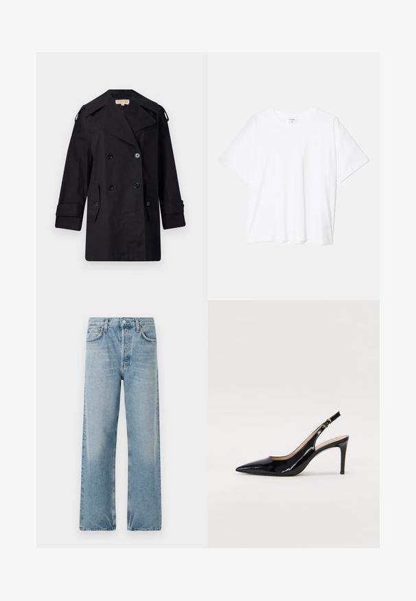 Schwarzer doppelter Trenchcoat mit breitem Kragen, Knöpfen und Seitentaschen. Hergestellt aus einem glatten Stoff mit geradem Schnitt und umgeschlagenen Ärmeln.; Weißes Baumwoll-T-Shirt mit kurzen Ärmeln, runder Halslinie, lockerer Passform und genähtem Saum. Etikett sichtbar am inneren Kragen.; Hellblaue Jeans aus Denim mit hoher Taille, weitem Bein und fünf Taschen. Mit Knopfverschluss und dezenten Verblassungen.; Schwarz lackierte Slingback-Pumps mit spitzem Zehenbereich, schlankem Absatz und einem subtilen Ausschnittdesign. Verfügt über eine goldene Schnalle am Riemen.