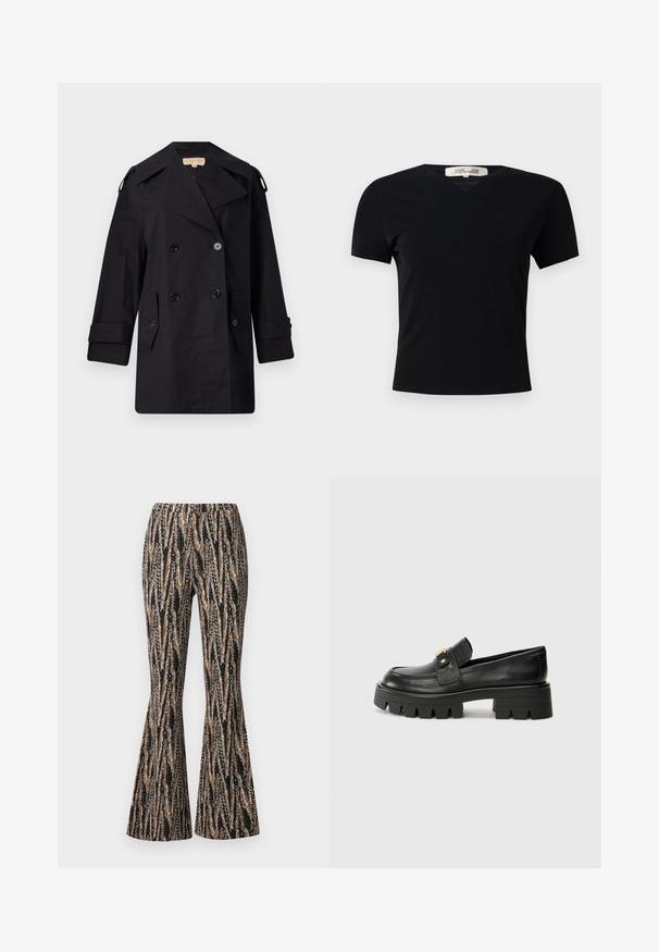 Melnā divrindas trencote ar platu apkakli, pogām un sānu kabatām. Izgatavots no gludas auduma ar taisnu piegriezumu un aproču piedurknēm.; Melnā īsām piedurknēm t-krekls ar V-veida kakla izgriezumu, izgatavots no gluda, elastīga auduma. Piedāvā vienkāršu, klasisku siluetu bez rotājumiem.; Diane von Furstenberg BURANO PANTS - Auduma bikses - black; Melni ādas mokasīni ar masīvu zoli, ar zeltaini akcentu priekšā un gludu apdari. Masīva protektora dizains uz zoles.