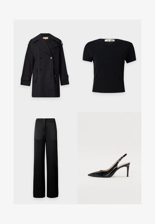 Must musta kahekordne trench coat laia kraega, nuppude ja küljetaskutega. Valmistatud siledast kangast, sirge lõike ja mansettidega varrukatega.; Must t-särk lühikeste varrukatega ja V-kaelusega, valmistatud siledast ja venivast kangast. Omab lihtsat ja klassikalist siluetti, millel puuduvad kaunistused.; Laiad mustad püksid tekstureeritud pinnaga, millel on lame vöökoht ja kaks kül pocketit. Kangas näib kergena ja voolavana.; Must hõbedavärvi patendiga slingback kontsakingad terava varbaga, kitsas konts ja peene lõikega disain. Statistika on kuldne pandla rihmal.
