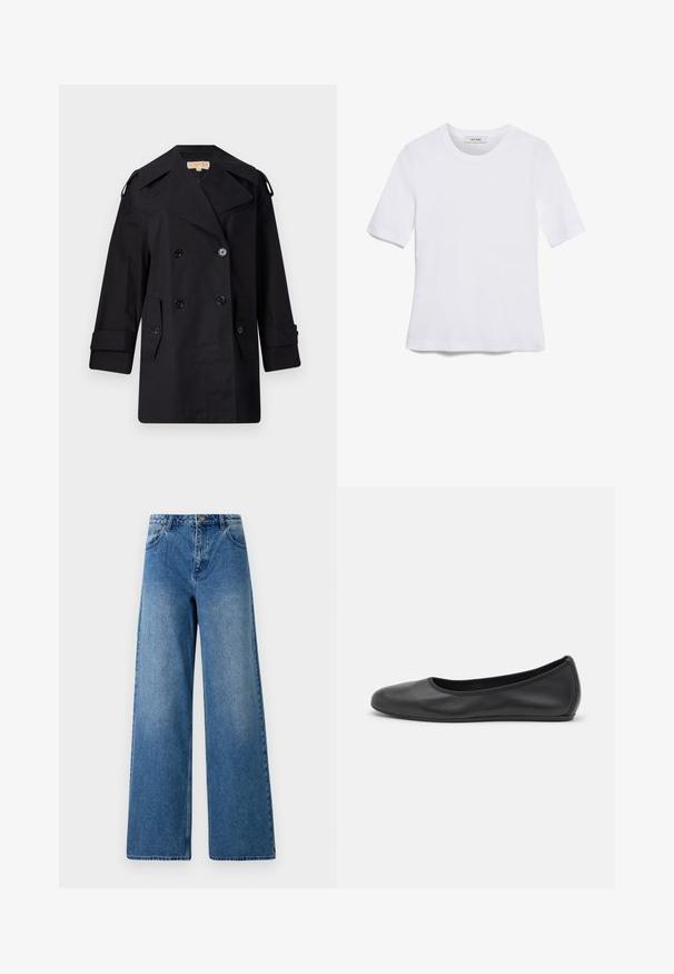 Juodas dvigubas paltas su plačiu apykakle, mygtukais ir šoninėmis kišenėmis. Pagamintas iš lygaus audinio su tiesia kirpimo linija ir rankovėmis su atvartais.; Balta trumpa rankovėmis marškinėliai, pagaminti iš pasiruošusio audinio. Apvali iškirptė, reguliari tinkamumas ir subtilūs siuvimo detalės. Be raštų ar grafikos.; Plati kelnės iš mėlynos džinsinio audinio. Turi aukštą liemenį, penkis kišenes ir priekinį sagčių užsegimą. Lygus paviršius su šviesiu nusidėvėjimu.; Juodai odiniai baletai su apvaliu pirštu, lygi texture, minimalus siuvimo detales ir lanksčiu padų dizainu.