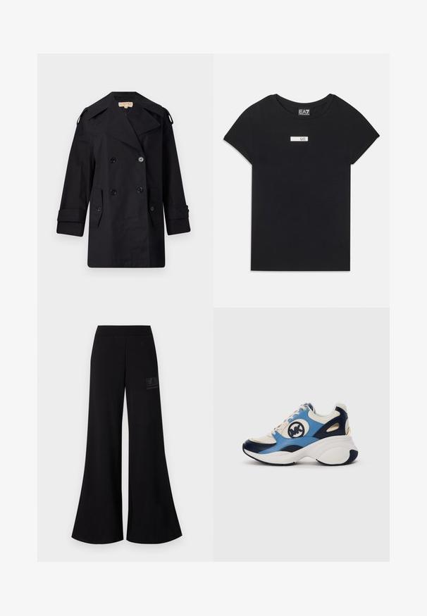 Svart dubbelknäppt trench coat med bred krage, knappar och sidofickor. Tillverkad av en slät tyg med rak skärning och uppvikta ärmar.; Svart t-shirt med kort ärm i bomull, med en vit rektangulär logotyp i patchform som har texten "EA7" på bröstet.; Svart utsvängda byxor i mjukt tyg med elastisk midja. Har en texturerad logotyp patch på vänster sida.; Vit, marinblå och ljusblå mockaskor med tjock sula och cirkulär broderad logotyp på sidan.