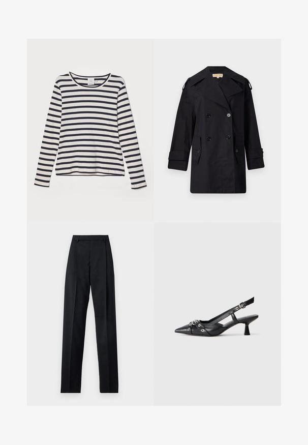 Must musta kahekordne trench coat laia kraega, nuppude ja küljetaskutega. Valmistatud siledast kangast, sirge lõike ja mansettidega varrukatega.; Kreemivärvi pikad varrukad särk, millel on tumehallid horisontaalsed triibud, ümmargune kaelus, ribakate tekstuur ja lõdvestunud lõige.; Mustad püksid siledast kangast, millel on kõrge vöökoht, laiad jalad, esimesed kortsud ja klassikalised vööloopid. Küljepockets pole nähtavad.; Must must have must toote tõmblukuga, dekoratiivsed rihmad metallist silmadega ja madal blokk-kand. Tekstureeritud pind.