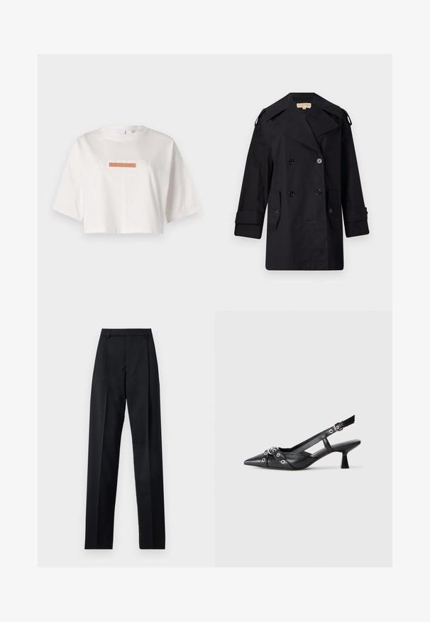 Schwarzer doppelter Trenchcoat mit breitem Kragen, Knöpfen und Seitentaschen. Hergestellt aus einem glatten Stoff mit geradem Schnitt und umgeschlagenen Ärmeln.; Weißes, kürzes T-Shirt aus Baumwolle mit kurzen Ärmeln und einem grafischen Druck mit dem Text "ACRESI" sowie einem horizontalen orangefarbenen Streifen.; Schwarze Hosen aus glattem Stoff mit hoher Taille, weitem Bein, vorderen Falten und klassischen Gürtelschlaufen. Keine sichtbaren Seitentaschen.; Schwarzer Leder-Slingback-Schuh mit spitz zulaufender Zehenpartie, dekorativen Riemen mit METALLÖSEN und niedrigem Blockabsatz. Strukturelle Oberfläche.