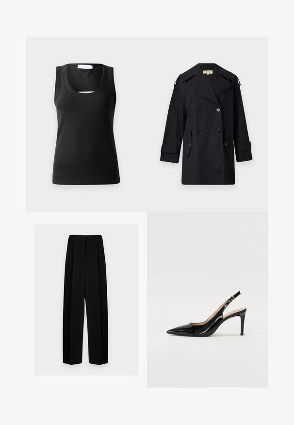 Juodas dvigubas paltas su plačiu apykakle, mygtukais ir šoninėmis kišenėmis. Pagamintas iš lygaus audinio su tiesia kirpimo linija ir rankovėmis su atvartais.; Juodas be rankovių marškinėlis, pagamintas iš riboto audinio, su apvalia iškirpte ir mažu išpjovimu priekyje, suteikiančiu papildomą dizaino akcentą.; Juodos plačios kelnės su aukštu liemeniu, su klostėmis ir glotnia tekstūra. Medžiaga atrodo lengva ir dailiai krenta.; Juodas lakinės odos slingback batelis su smailiu nosiu, plonu kulnu ir subtiliu išpjovos dizainu. Yra auksinė sagtis ant dirželio.